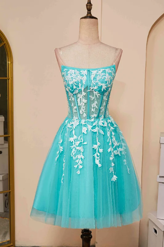 Aqua Blue Strapless A-Line Short Homecoming Dress with Appliques