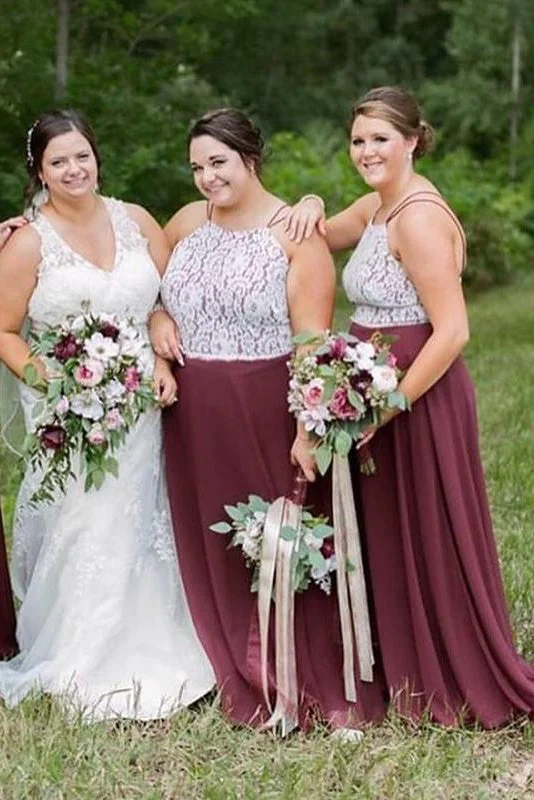 Plus Size Straps Burgundy Long Bridesmaid Dress with Lace