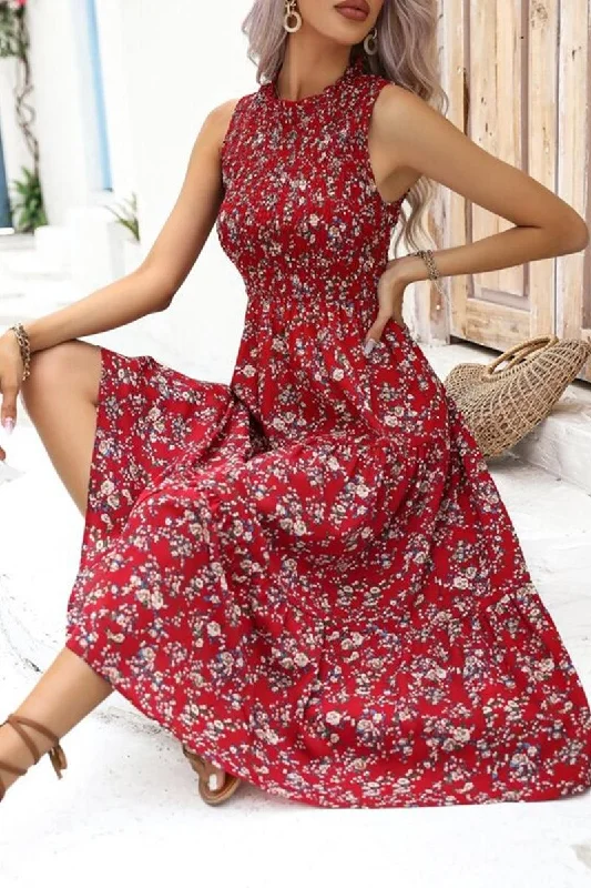 WOMEN FLORAL PRINTING SLEEVELESS MID DRESS