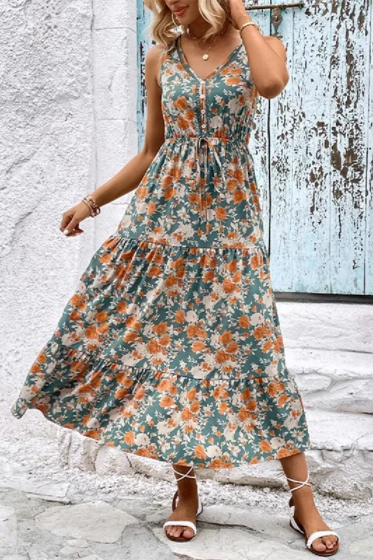 WOMEN FLORAL SLEEVELESS TIERED DRESS