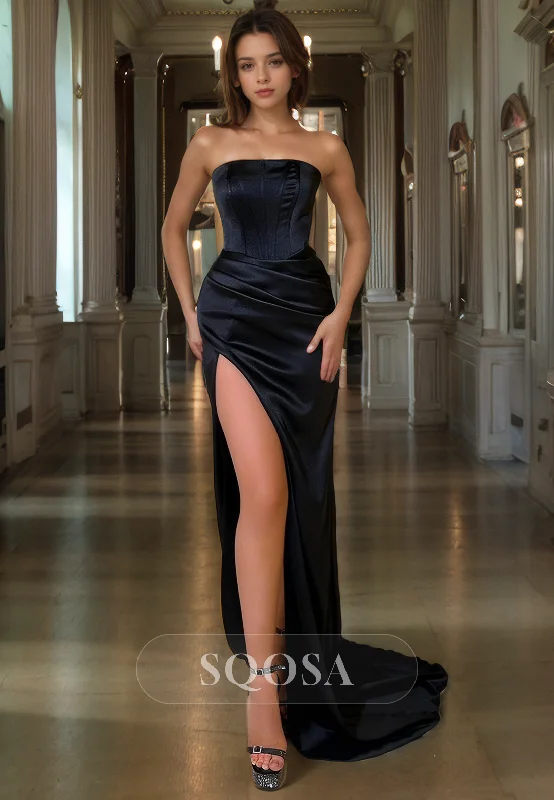 Sheath Strapless Satin Pleats Black Prom Dress with Slit Formal Gown