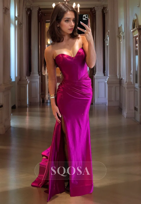 Sheath Sweetheart Satin Pleats Long Prom Dress with Slit Formal Party Dress