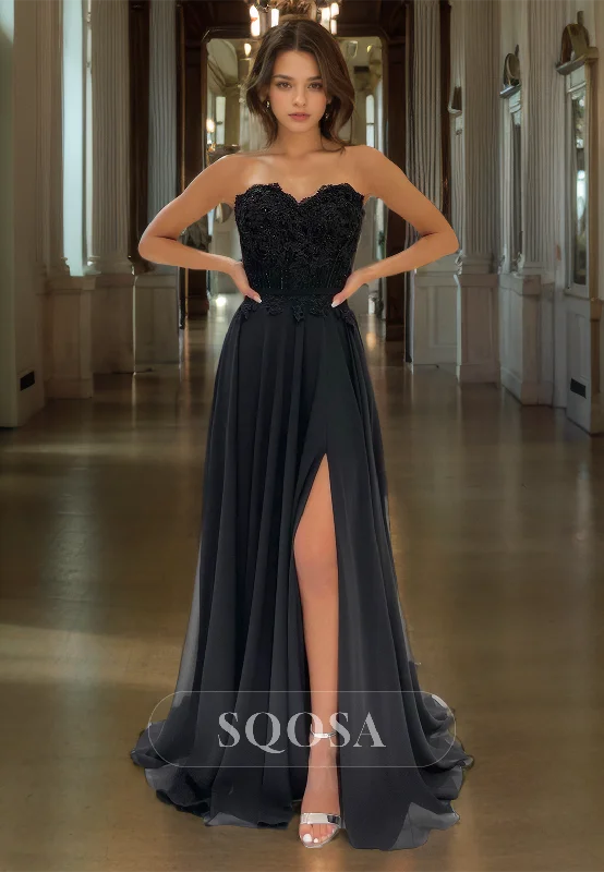 A Line Sweetheart Lace Beads Chiffon Black Formal Gown with Slit Long Prom Dress