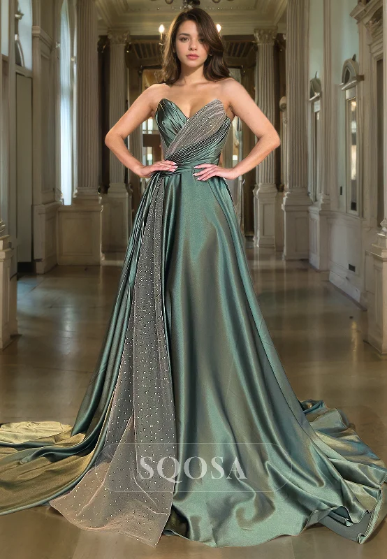 A Line V Neck Satin Pleats Long Prom Dress with Train Formal Gown