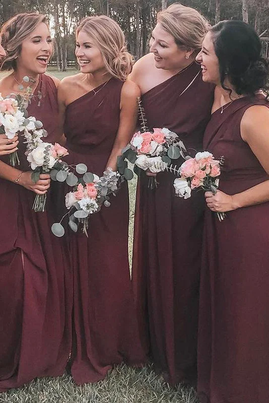 One Shoulder Burgundy Chiffon Long Bridesmaid Dress