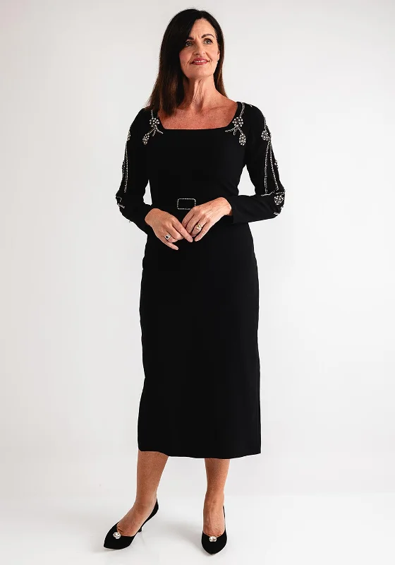 Red and Royal Embellished Sleeve Square Neck Dress, Black