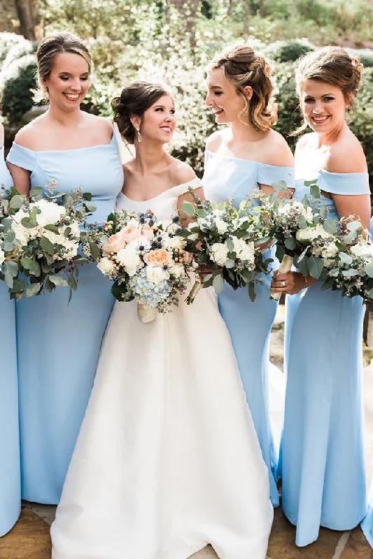 Sheath Off-Shoulder Light Blue Floor Length Bridesmaid Dress