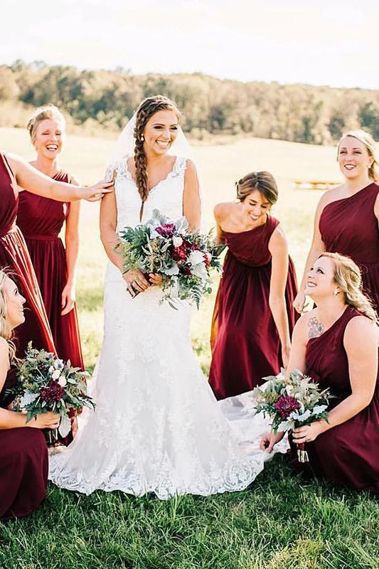 One Shoulder Wine Red Chiffon Long Bridesmaid Dress