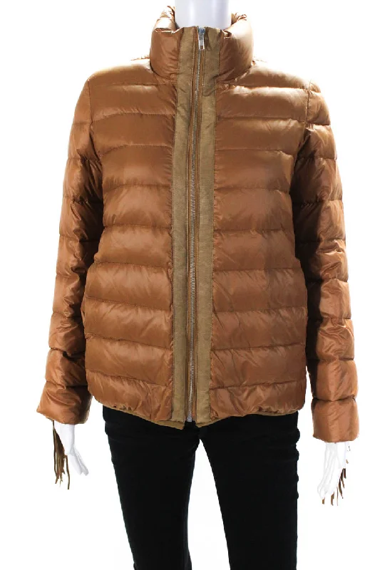 Glamourpuss Womens Down Filled Quilted Fringe Zip Up Puffer Coat Brown