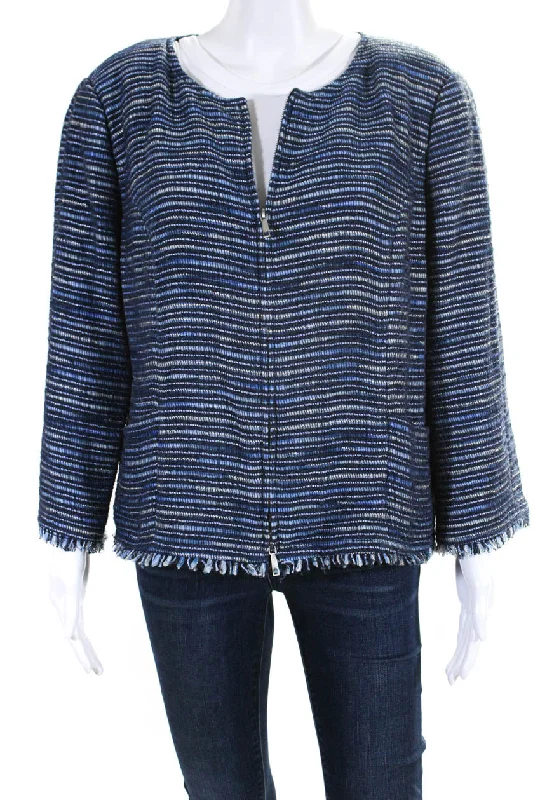 Lafayette 148 New York Womens Cotton Tweed Zip Up Fringe Hem Jacket Blue