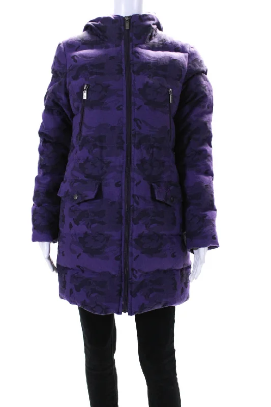 Lucien Pellat-Finet Womens Purple Camouflaged Full Zip Hooded Puffer Coat