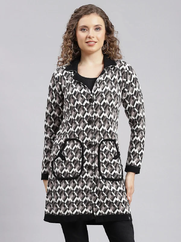 Women Black Jaquard Wool blend Knitted Coat