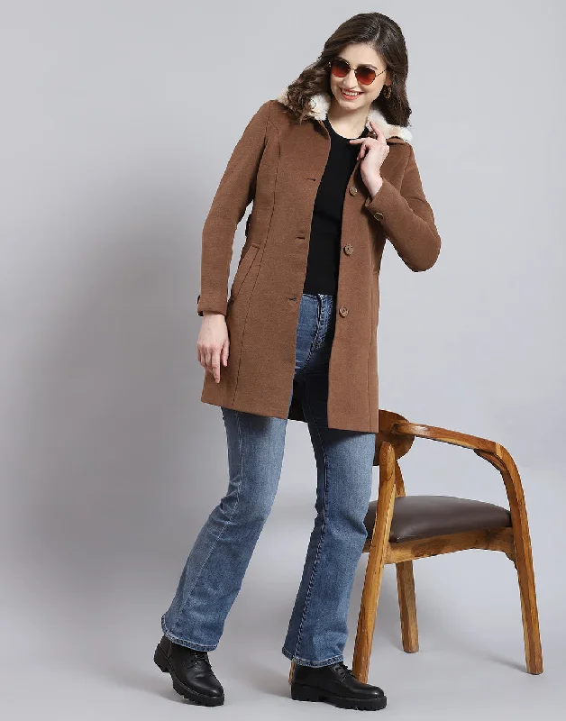 Women Brown Solid Collar Full Sleeve Coat