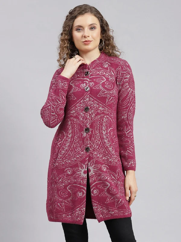 Women Maroon Jaquard Wool blend Knitted Coat