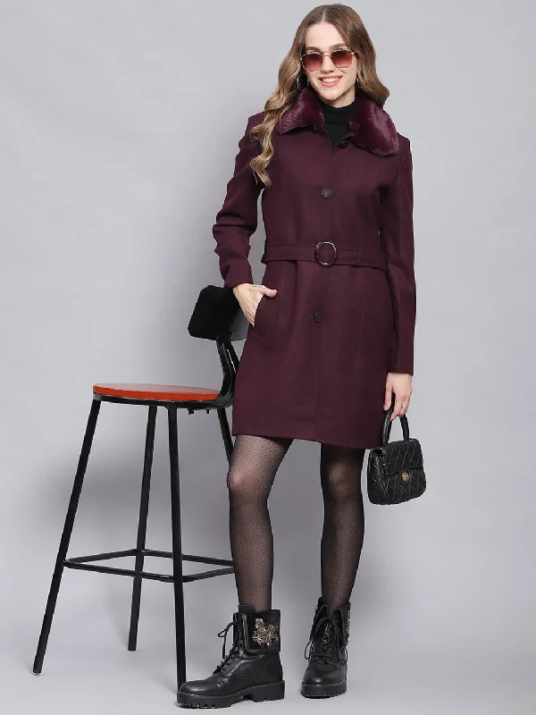 Women Maroon Solid Collar Full Sleeve Coats