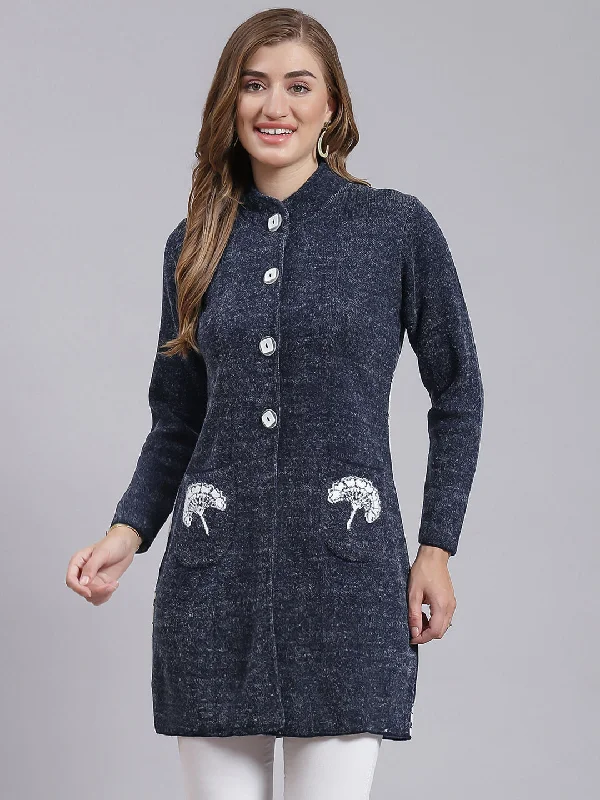 Women Navy Blue Jaquard Wool blend Knitted Coat