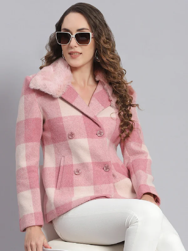 Women Pink Check Collar Full Sleeve Coats