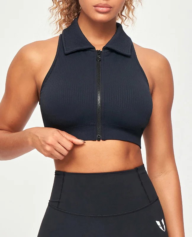 Ribbed Full Zip Padded Tank Top - Black