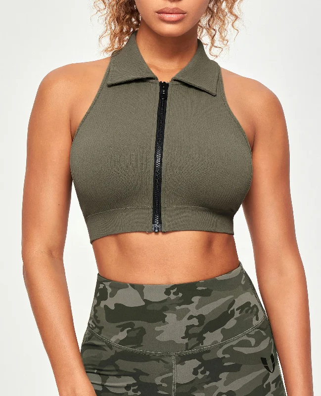 Ribbed Full Zip Padded Tank Top - Olive Green