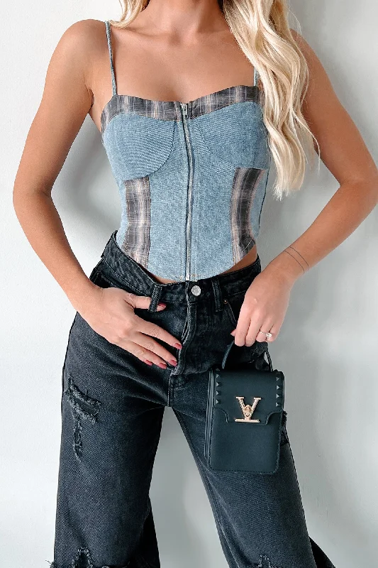 Subtle Slay Denim Plaid Zip-Front Tank Top (Blue Denim)