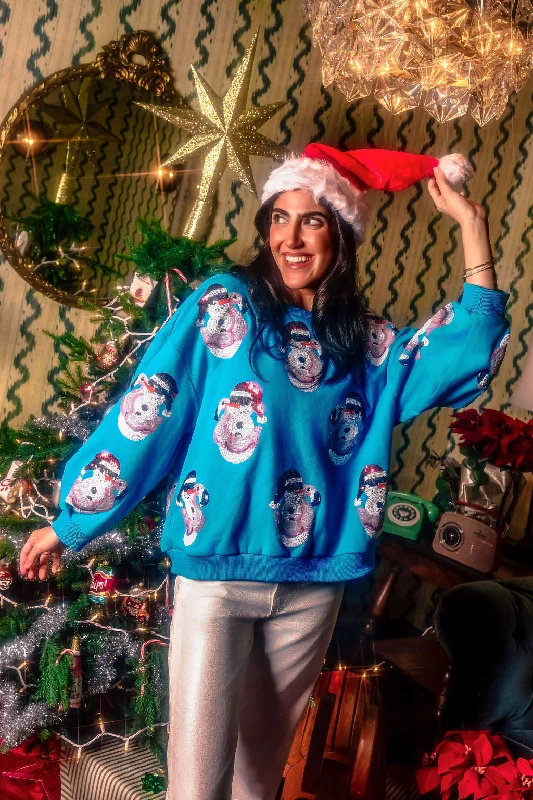 Aqua Blue Santa Hat Snowman In Flamingo Float Sweatshirt