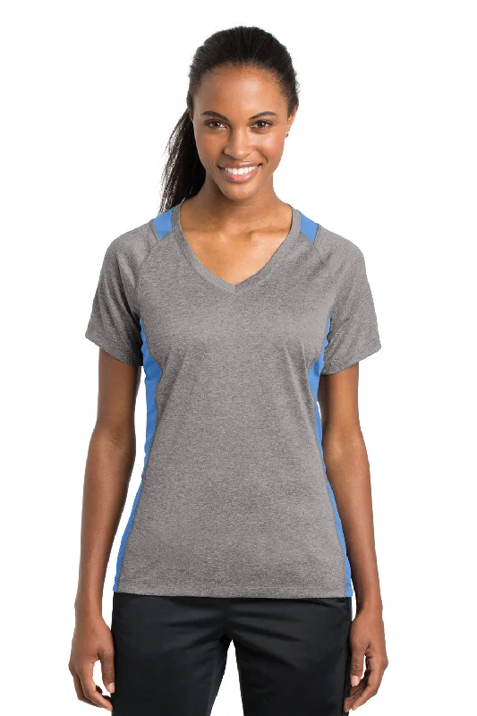 Sport-Tek Womens Contender Heather Moisture Wicking Short Sleeve V-Neck T-Shirt - Heather Vintage Grey/Carolina Blue - Closeout