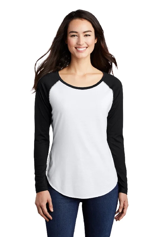 Sport-Tek Womens Moisture Wicking Long Sleeve Scoop Neck T-Shirt - White/Black