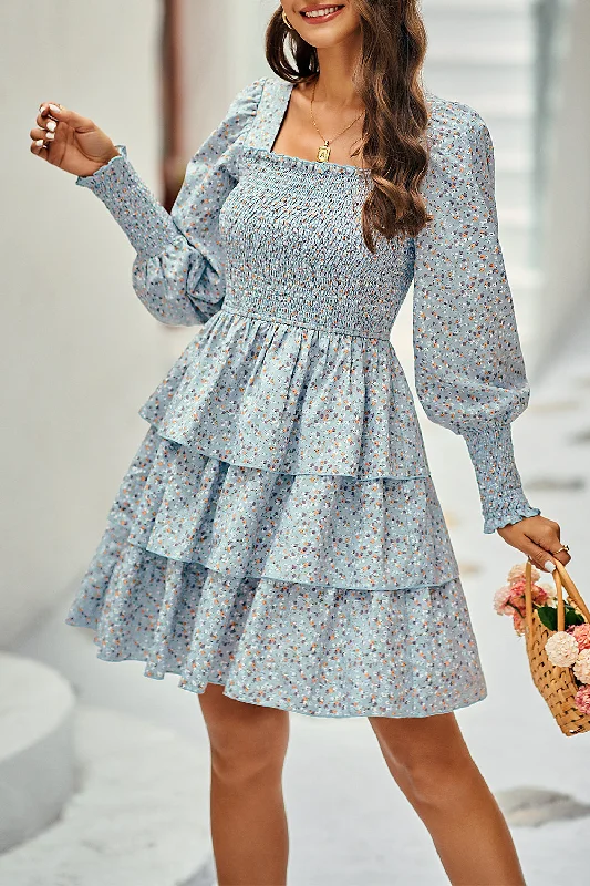 Square Neck Puff Sleeve Flroal Cute Tiered Flowy Dress Mini